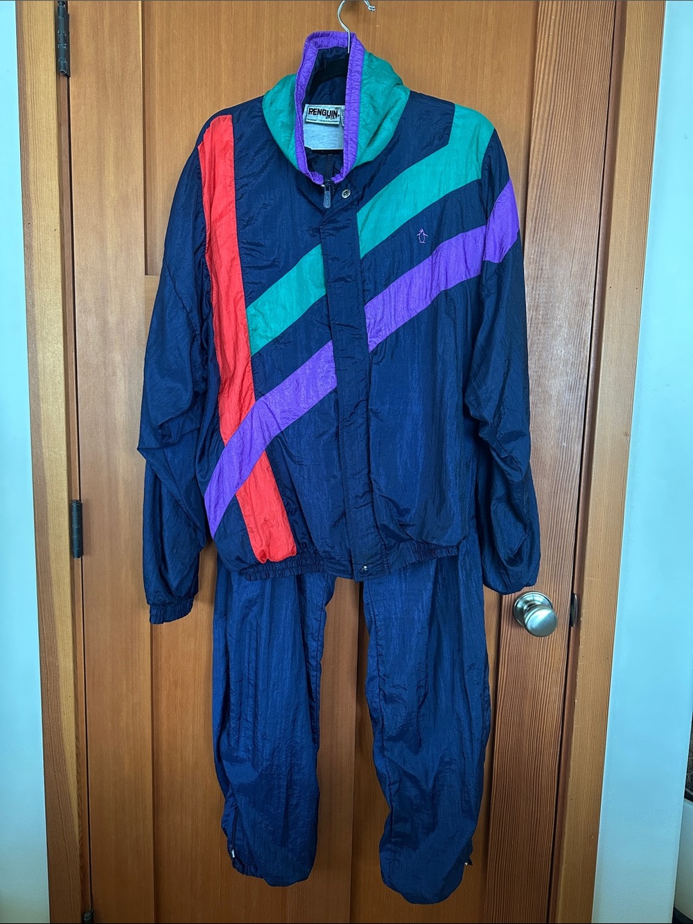 Vintage 1980s Original Penguin Navy Track Suit with Teal, Purple, and Ref